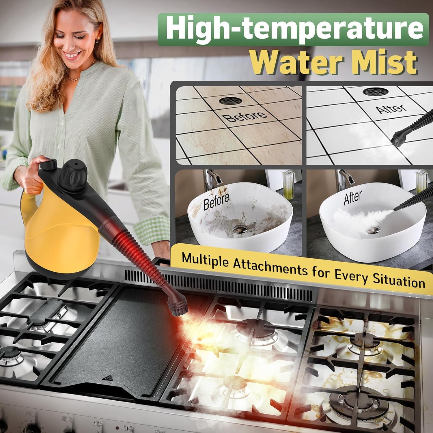 Multi-Surface Pressurized Handheld Steam Cleaner with 11Pcs Accessories, Chemical-Free Portable Steamer for Cleaning, Hand Held Steam Cleaner for Home|Car|Furniture|Floor|Tile|Grout|More
