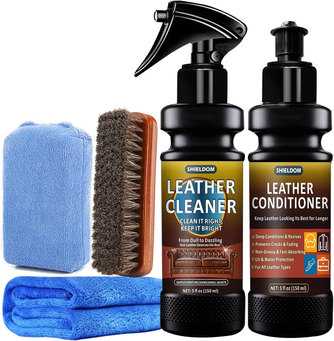 Leather Cleaner and Conditioner Kit, Leather Care Cleaning Detailing Safely Cleans & Conditions Leather Car Interiors, Shoes, Bags & More - UV Protection Prevent Cracking & Fading - 5 Items