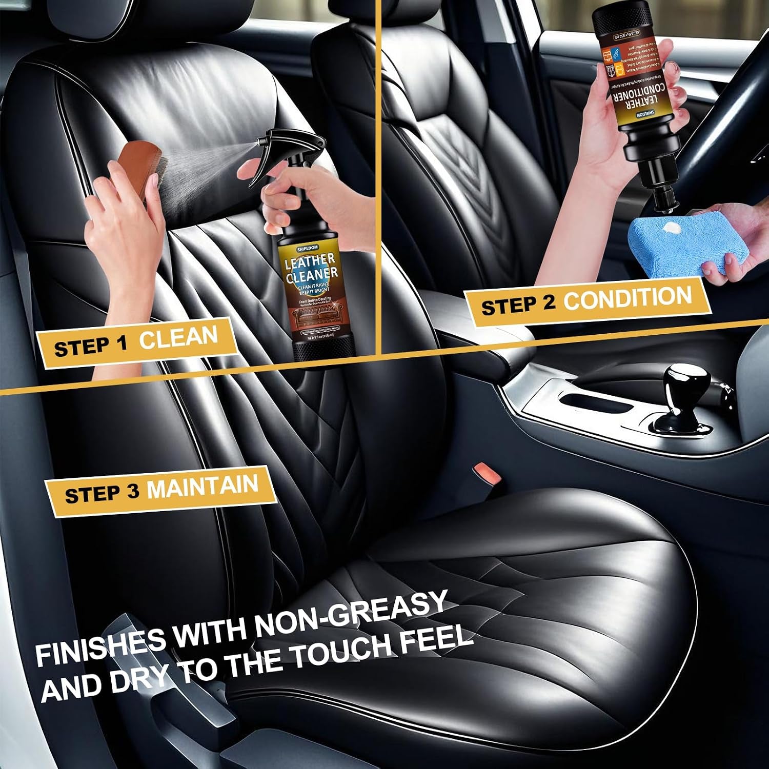 Leather Cleaner and Conditioner Kit, Leather Care Cleaning Detailing Safely Cleans & Conditions Leather Car Interiors, Shoes, Bags & More - UV Protection Prevent Cracking & Fading - 5 Items