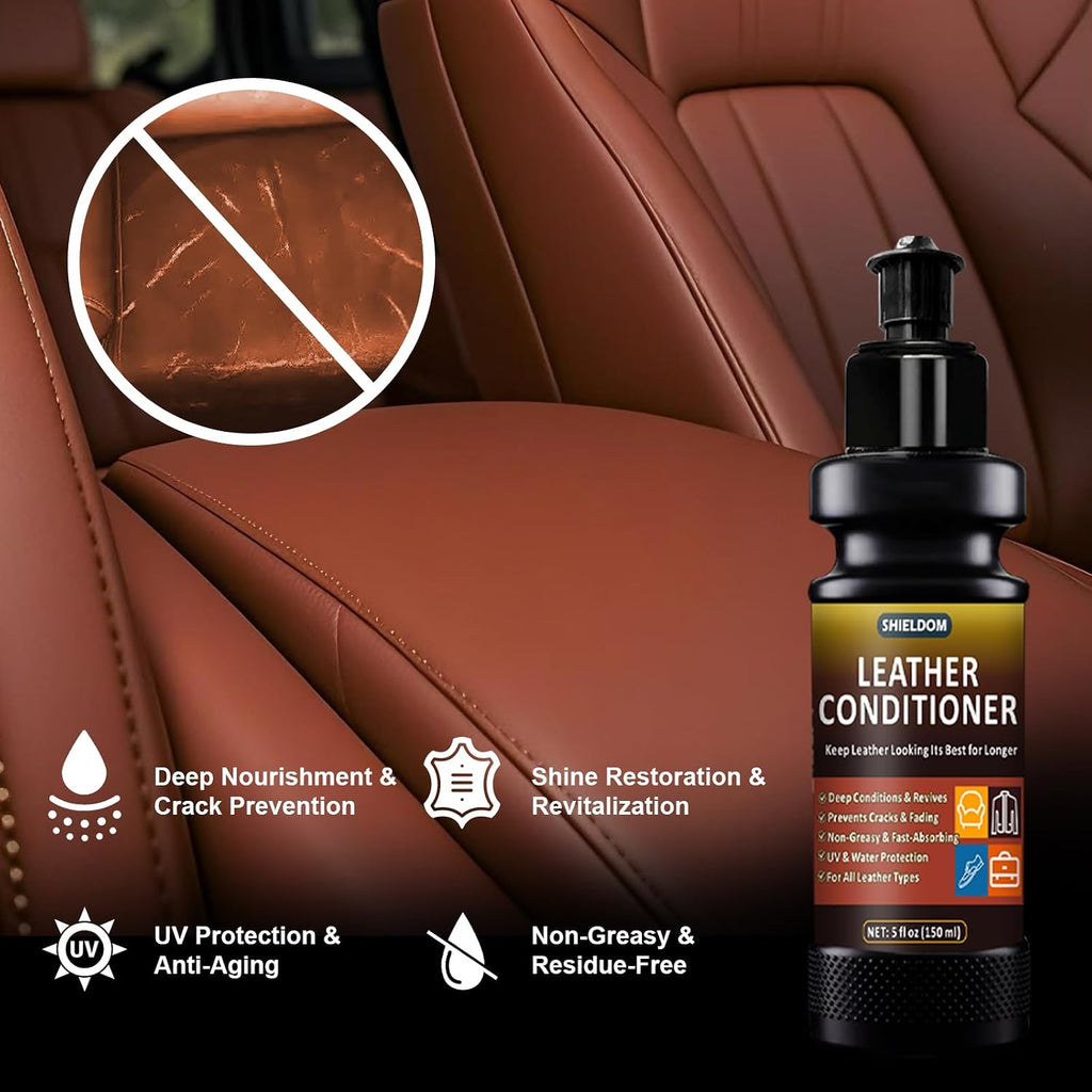 Leather Cleaner and Conditioner Kit, Leather Care Cleaning Detailing Safely Cleans & Conditions Leather Car Interiors, Shoes, Bags & More - UV Protection Prevent Cracking & Fading - 5 Items