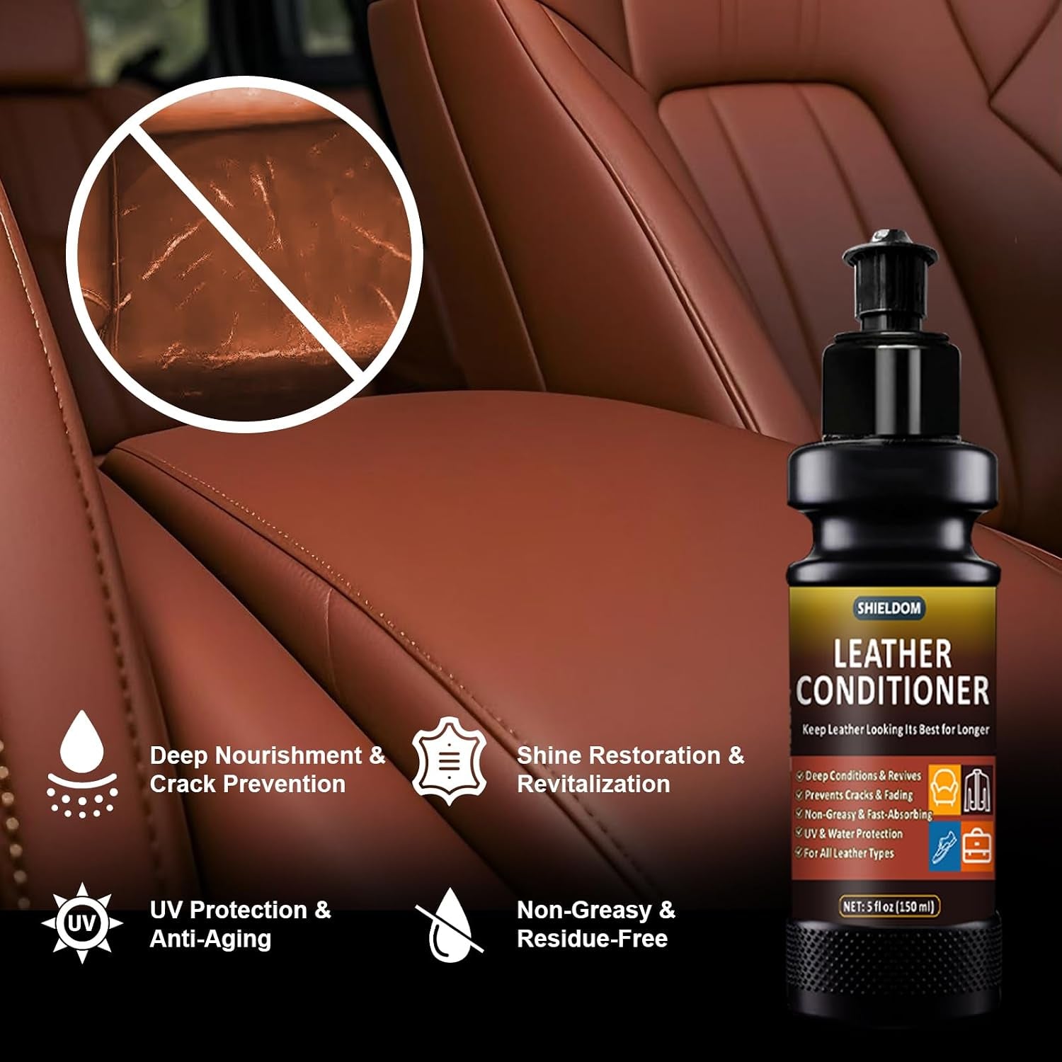 Leather Cleaner and Conditioner Kit, Leather Care Cleaning Detailing Safely Cleans & Conditions Leather Car Interiors, Shoes, Bags & More - UV Protection Prevent Cracking & Fading - 5 Items