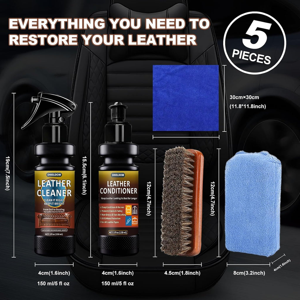 Leather Cleaner and Conditioner Kit, Leather Care Cleaning Detailing Safely Cleans & Conditions Leather Car Interiors, Shoes, Bags & More - UV Protection Prevent Cracking & Fading - 5 Items